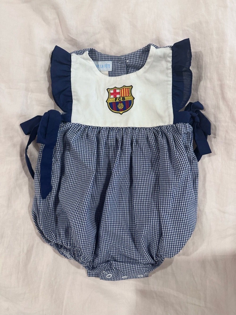 FC Barcelona Blue Gingham Baby One-Piece Romper with Crest Detail